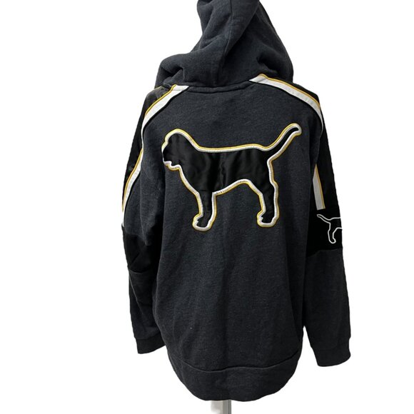 Victorias Secret Pink Black Half-Zip Hoodie Large Dog Logo Sherpa Hood - Picture 5 of 7